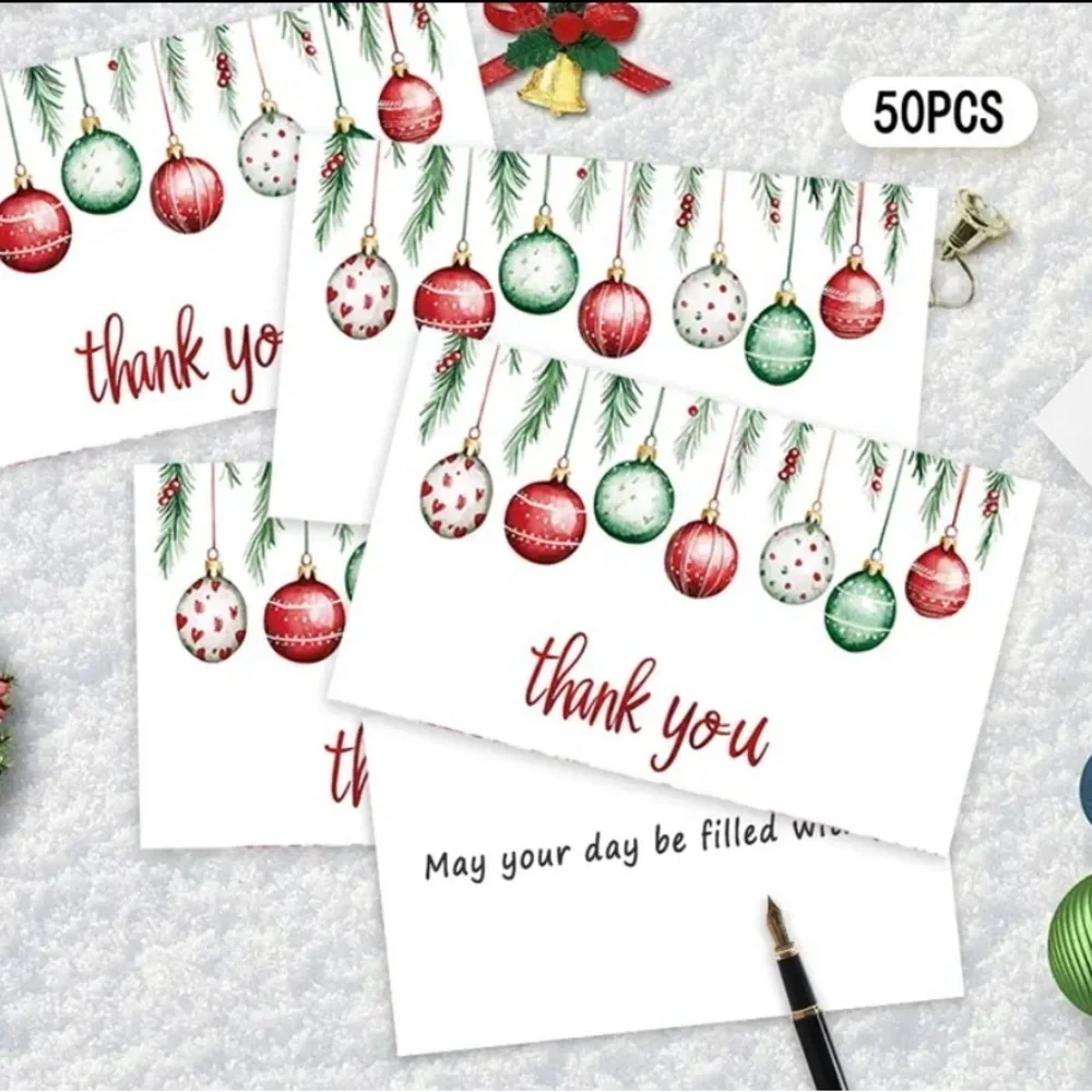 Festive Thank You Cards with Ornaments 50 pcs